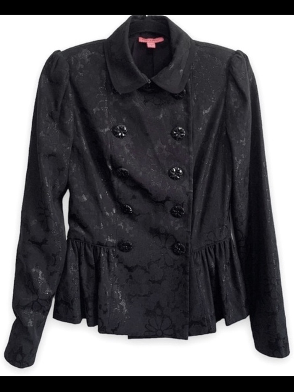 Betsey Johnson Black Sparkle Floral Print Double Breasted Jacket